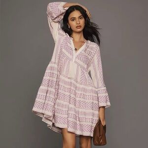 Devotion Twins Lilac Geometric Tiered Babydoll Dress Small 100% Cotton Greece